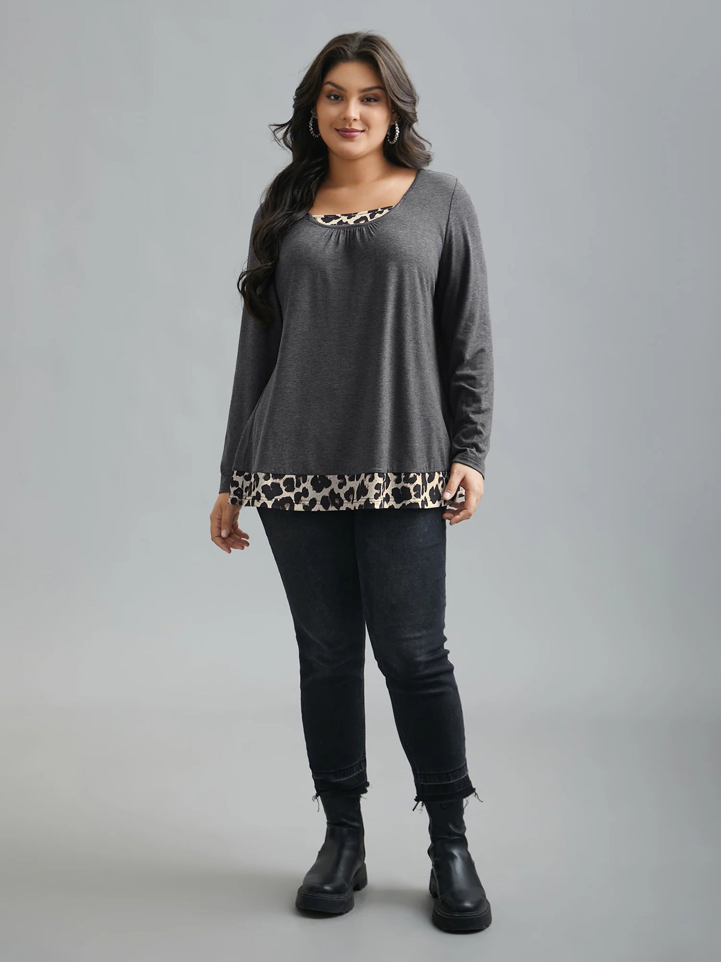 2-in-1 Leopard Print Spliced Knit Top