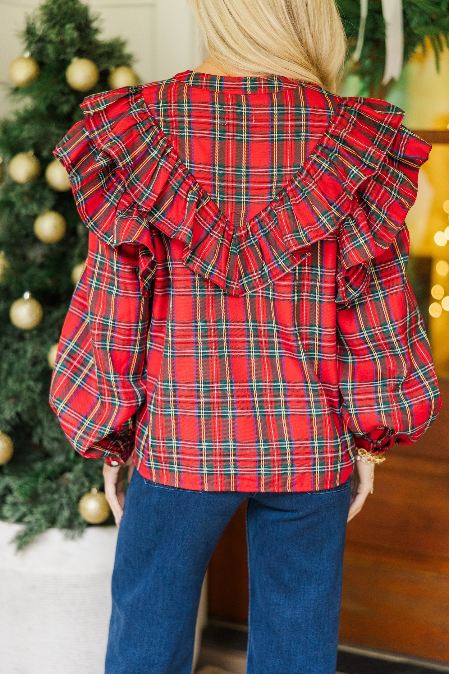 It's All Possible Red Tartan Plaid Button Down Blouse