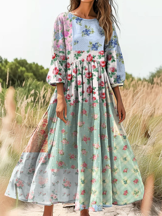 Women's Vintage Floral Patchwork Art Print Flowy Crew Neck Dress