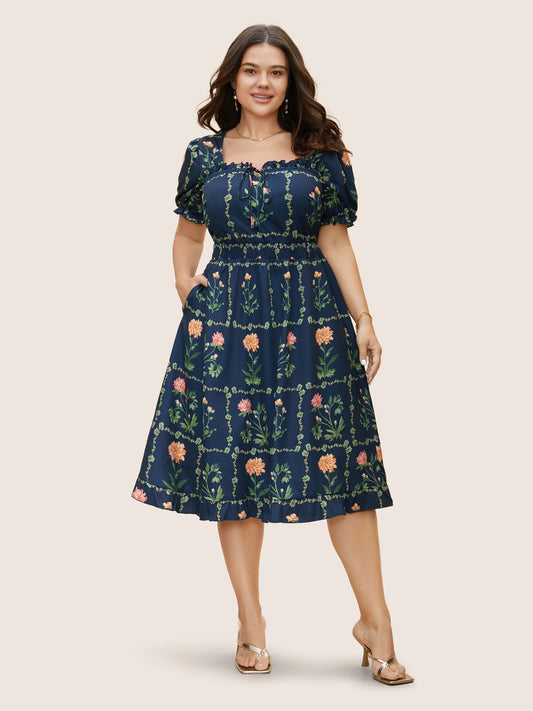 Boho Print Tie Knot Shirred Lantern Sleeve Dress