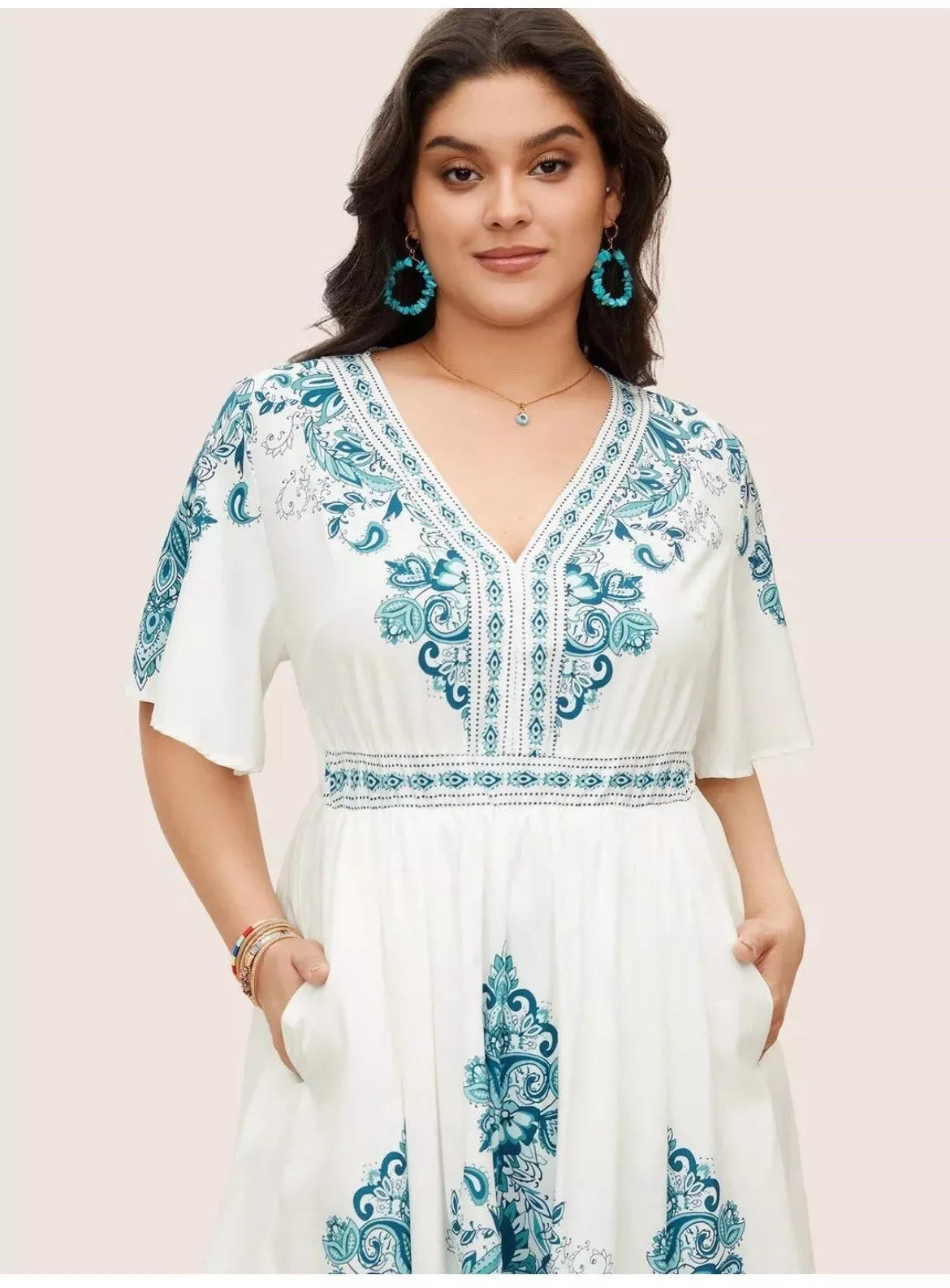 Bandana Print Ruffle Sleeve V-Neck Pocket Knee Dress