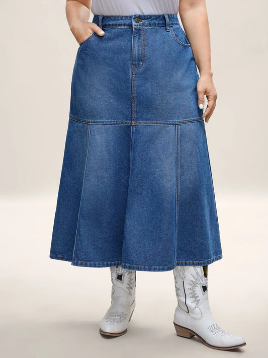 A-Line Seamed Maxi Denim Skirt