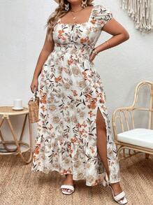 VCAY Plus Size Boho Allover Floral Print Ruffle Hem Split Thigh Dress