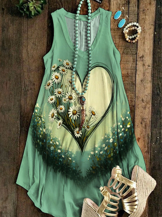 Daisy Heart Print Casual V-Neck Sleeveless Dress