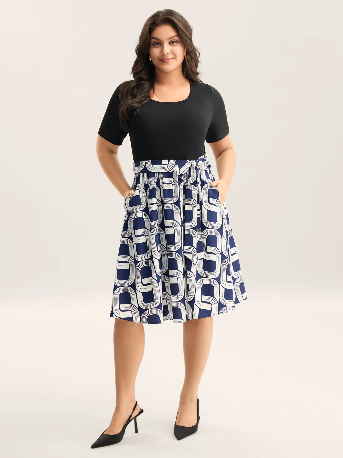 Abstract Pattern Color Contrast Belted Midi Dress