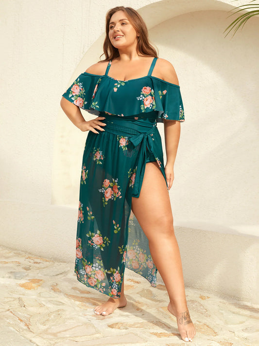 Two-Piece Floral Ruffled Knotted One-Piece, Sarong