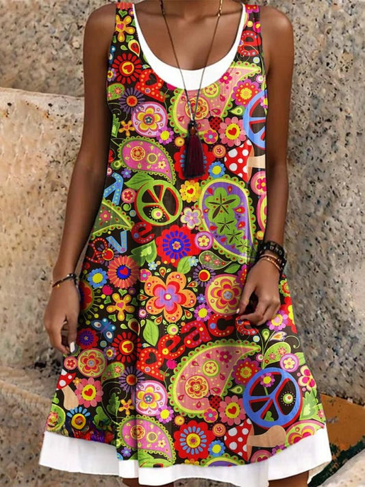 Women's Retro Hippie Paisley Pattern Art False Two Dress