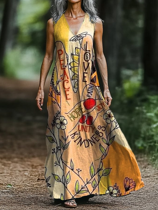 Women's Hippie Peace Love Art Print Pocket Dress