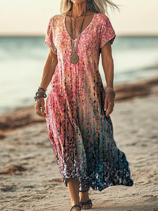Women's Gradient Glitter Patterns Short Sleeve Pocket Dress