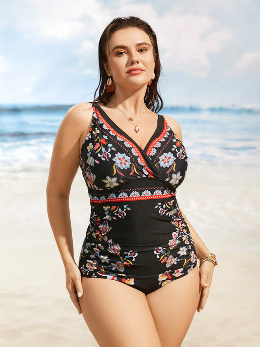 Boho Print Surplice Neck Ruched One Piece Swimsuit
