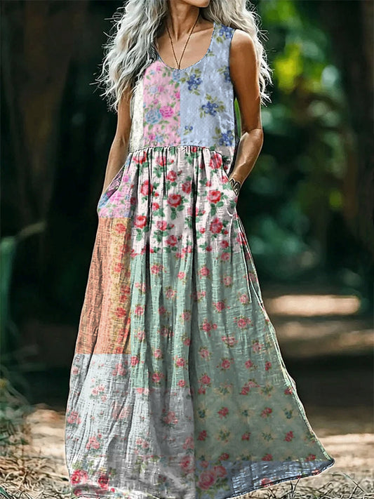 Women's Vintage Floral Patchwork Art Print Crew Neck Sleeveless Pocket Dress