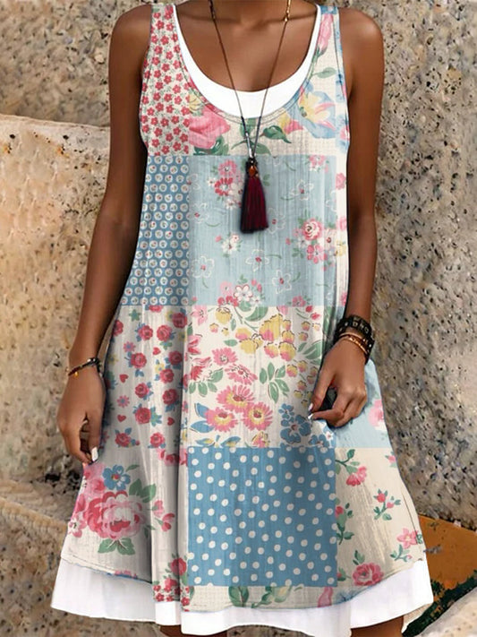 Women's Vintage Floral Patchwork Art Print Ladies False Two Dress