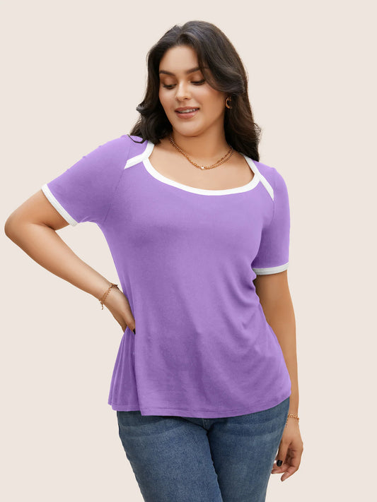 Asymmetrical Neck Contrast Trim Pit Strip T-shirt