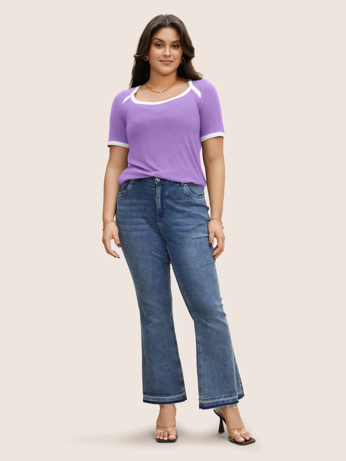 Asymmetrical Neck Contrast Trim Pit Strip T-shirt