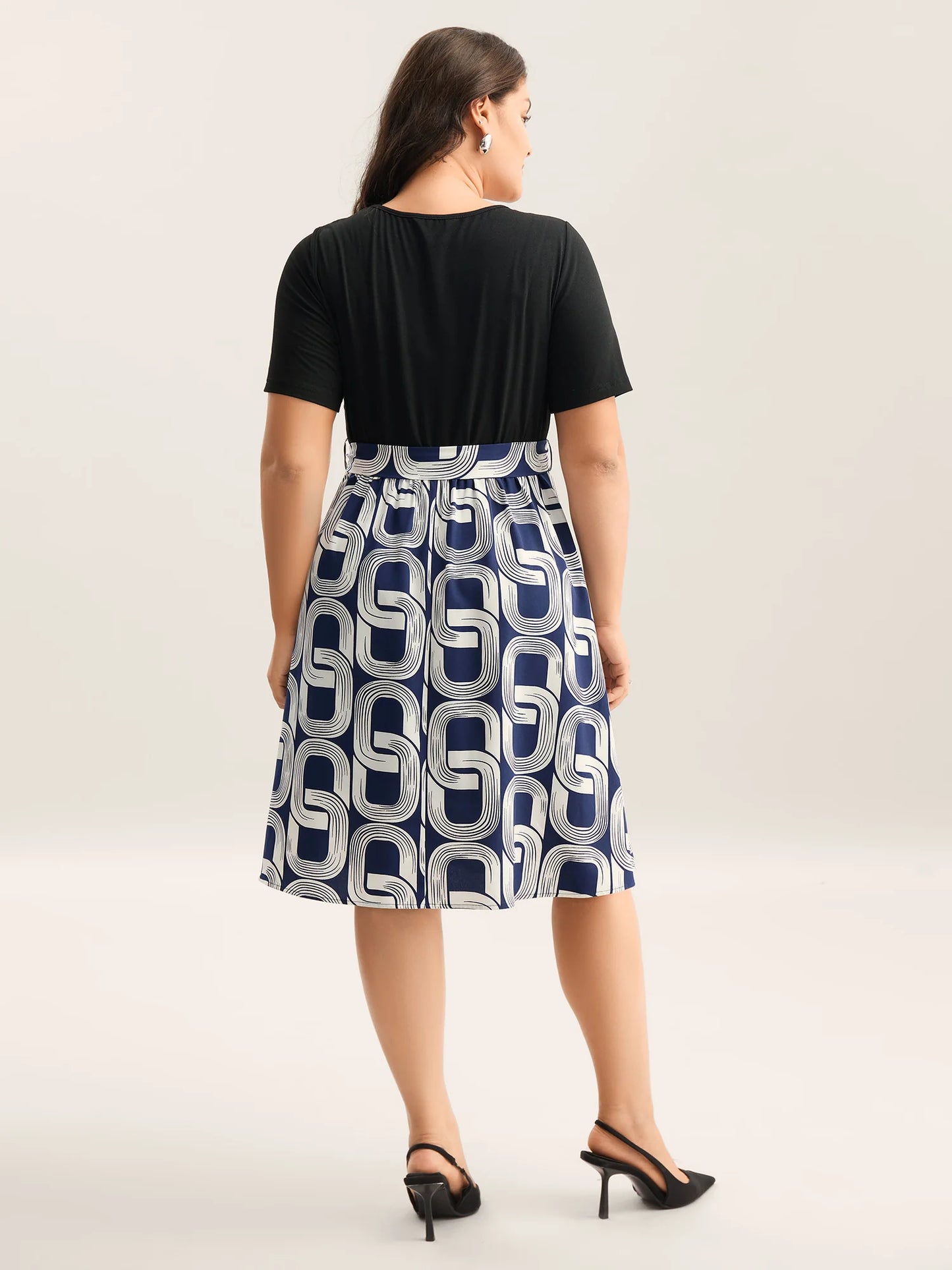 Abstract Pattern Color Contrast Belted Midi Dress
