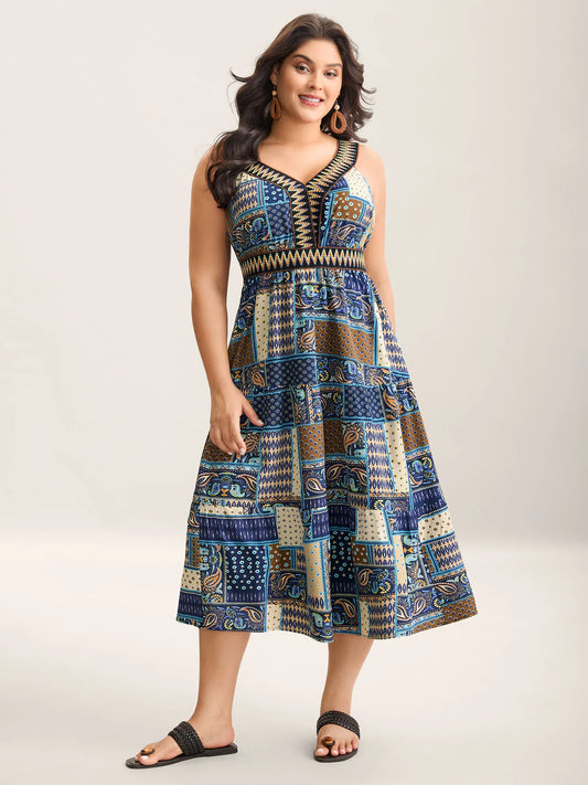 Boho Print Webbed Neck Midi Dress