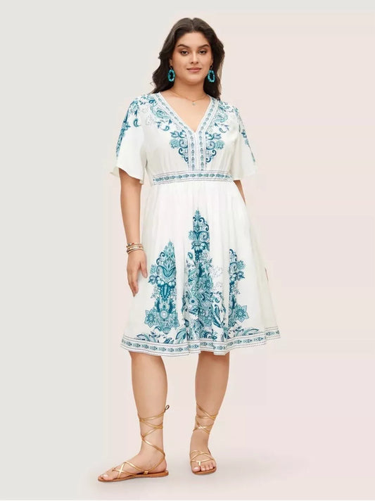 Bandana Print Ruffle Sleeve V-Neck Pocket Knee Dress