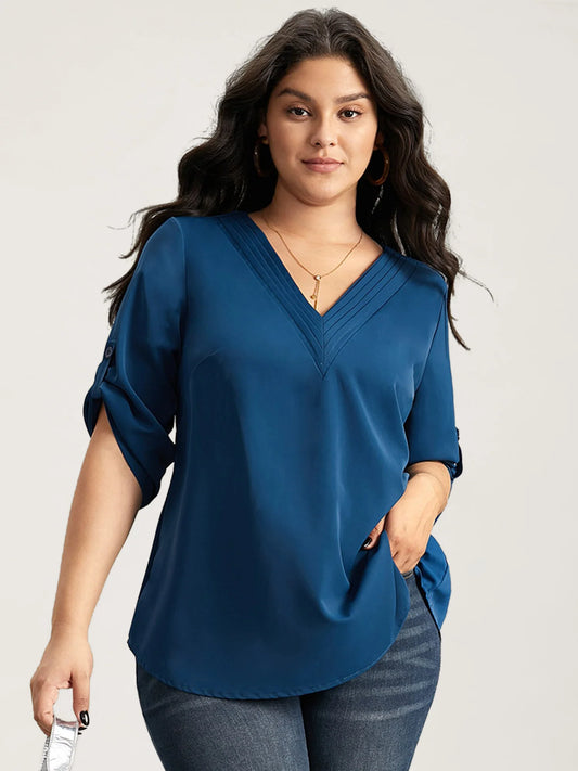 V Neck Plain Pleated Tab Sleeve Blouse