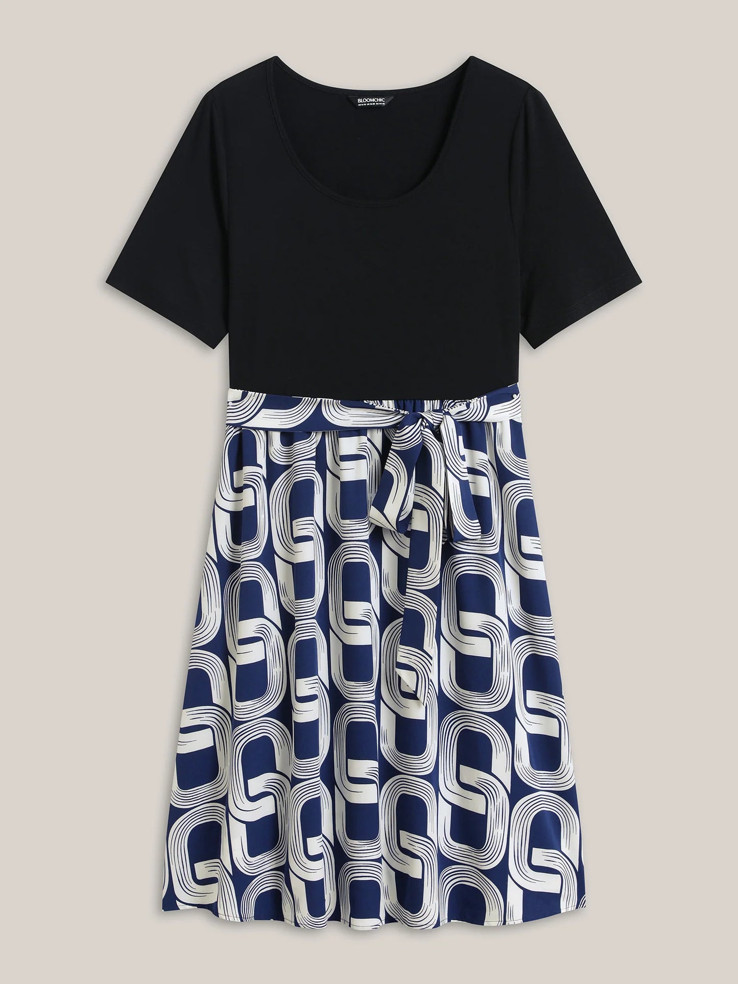 Abstract Pattern Color Contrast Belted Midi Dress
