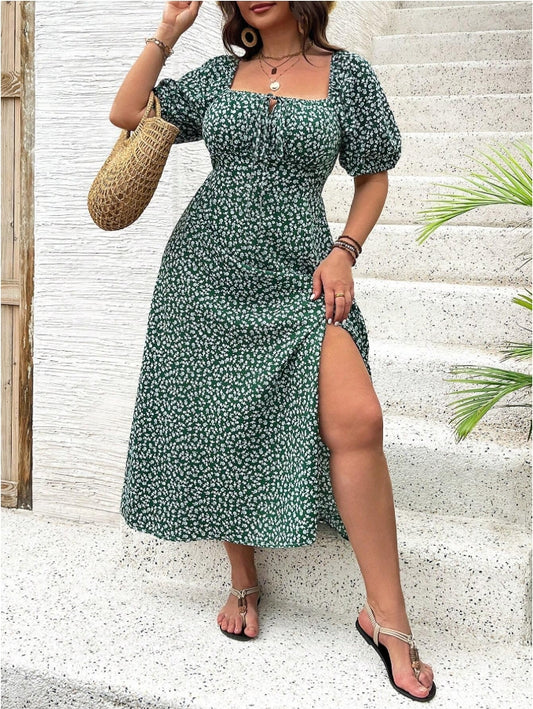 Breezaya Plus Size Boho Women's Elegant Summer Holiday Ditsy Floral Front Tie Square Neckline Long Puff Sleeve Dress