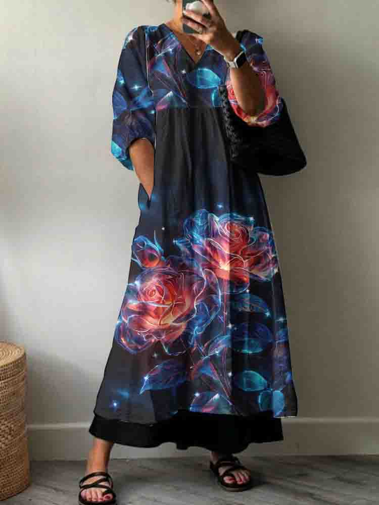 Women's Holiday Rose Floral Pattern Dress
